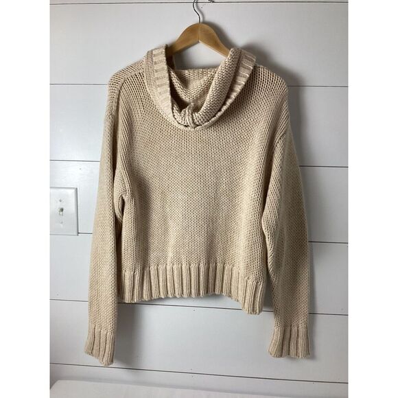 SOFT SURROUNDINGS Sweater Womens Medium Tan Hooded Chunky 100% Cotton Pullover - Picture 3 of 5